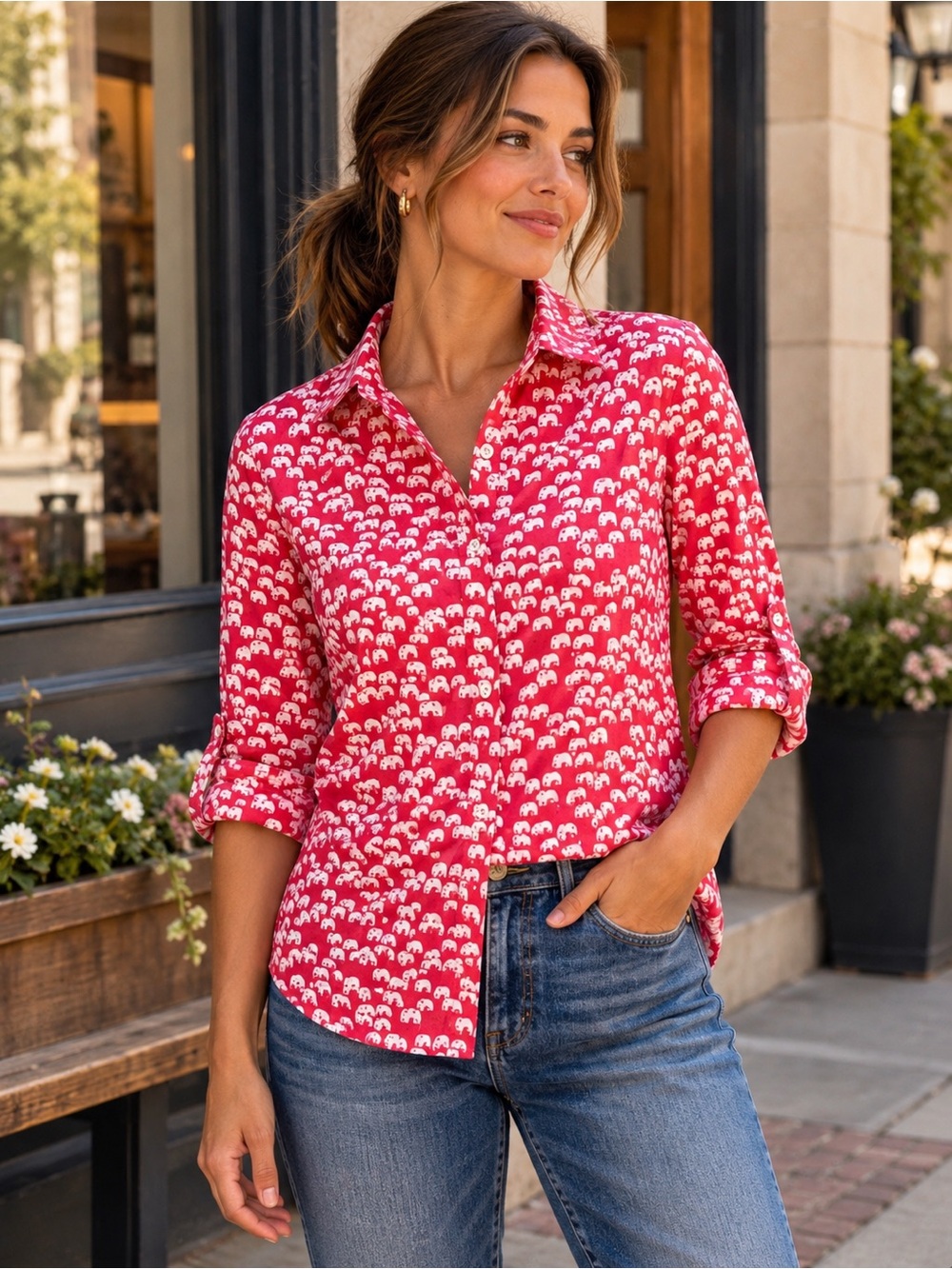 Talbots Petites Elephant Print Cotton Button Down Shirt Pink MP